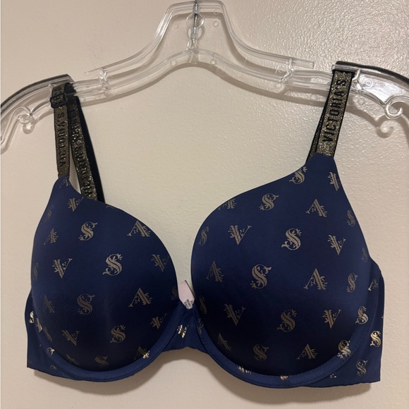 ✨ VS Dream: Navy & Gold Monogram Shine Strap Bra - T Shirt - Lined - EC ✨ - Picture 2 of 5